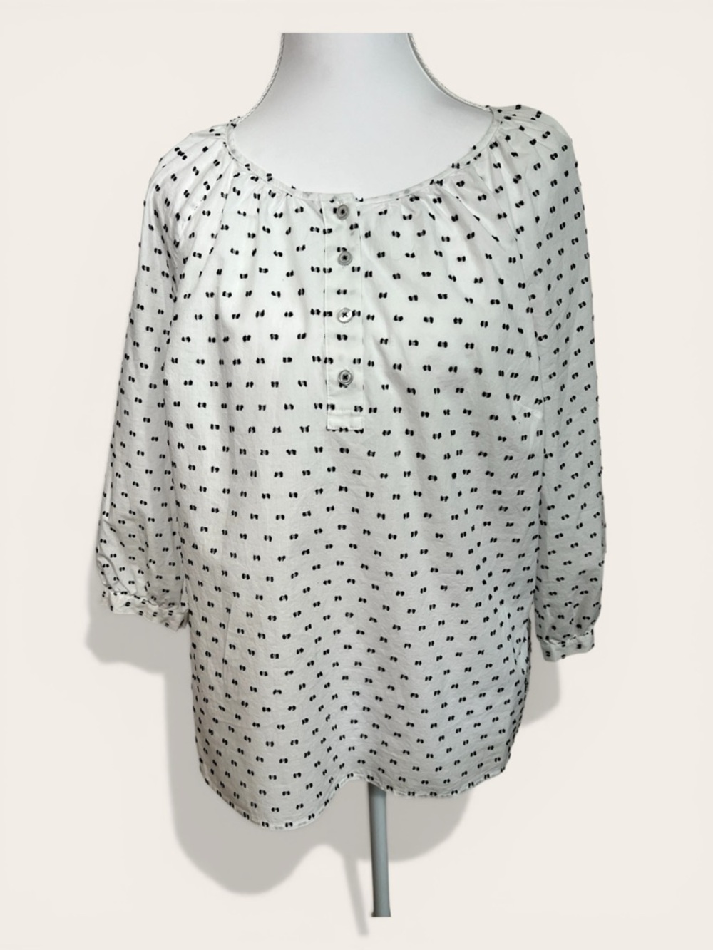 Talbots Petite White and Black Dot Peasant Blouse -size amp